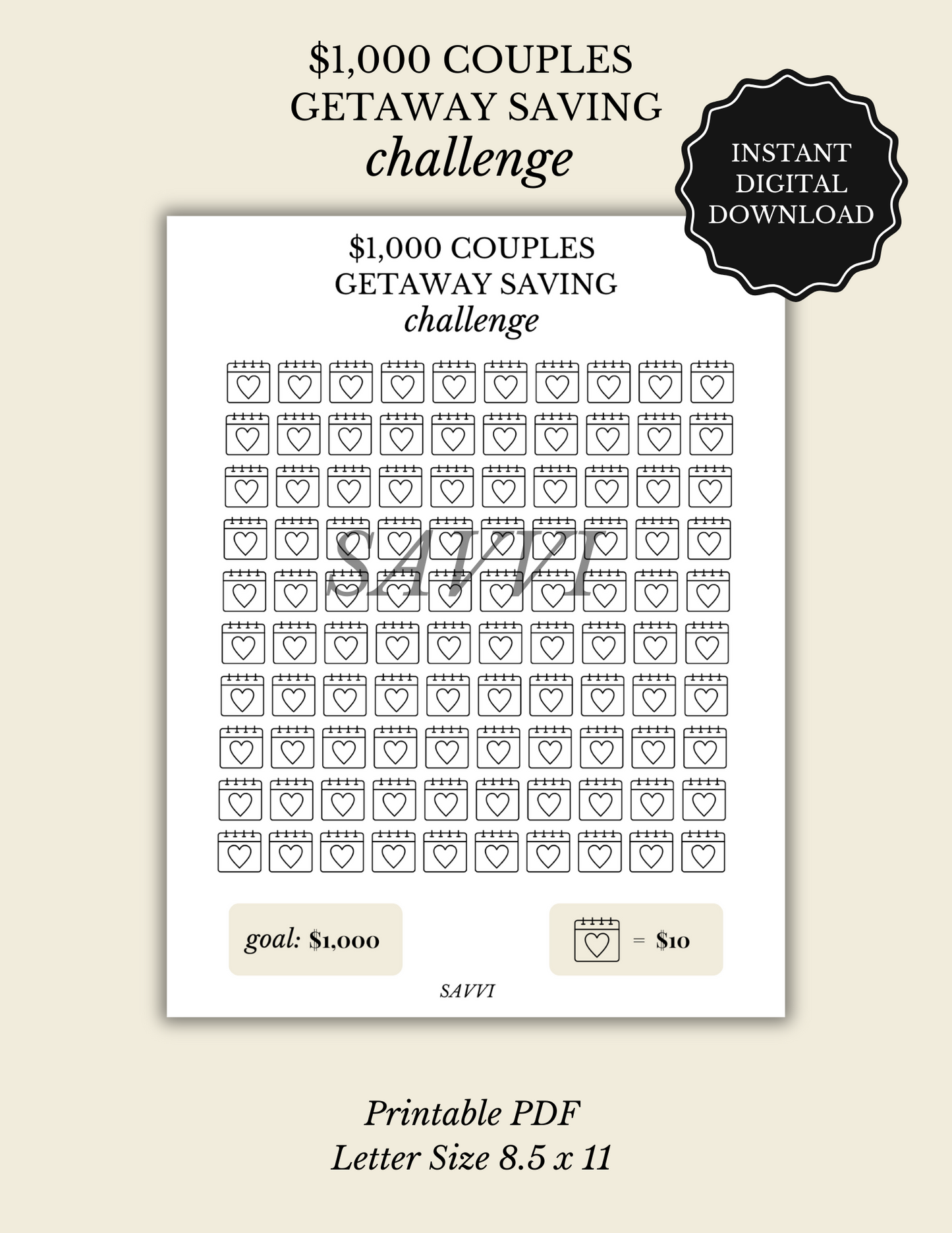 $1,000 Couples Getaway Saving Challenge | Printable Instant PDF Download