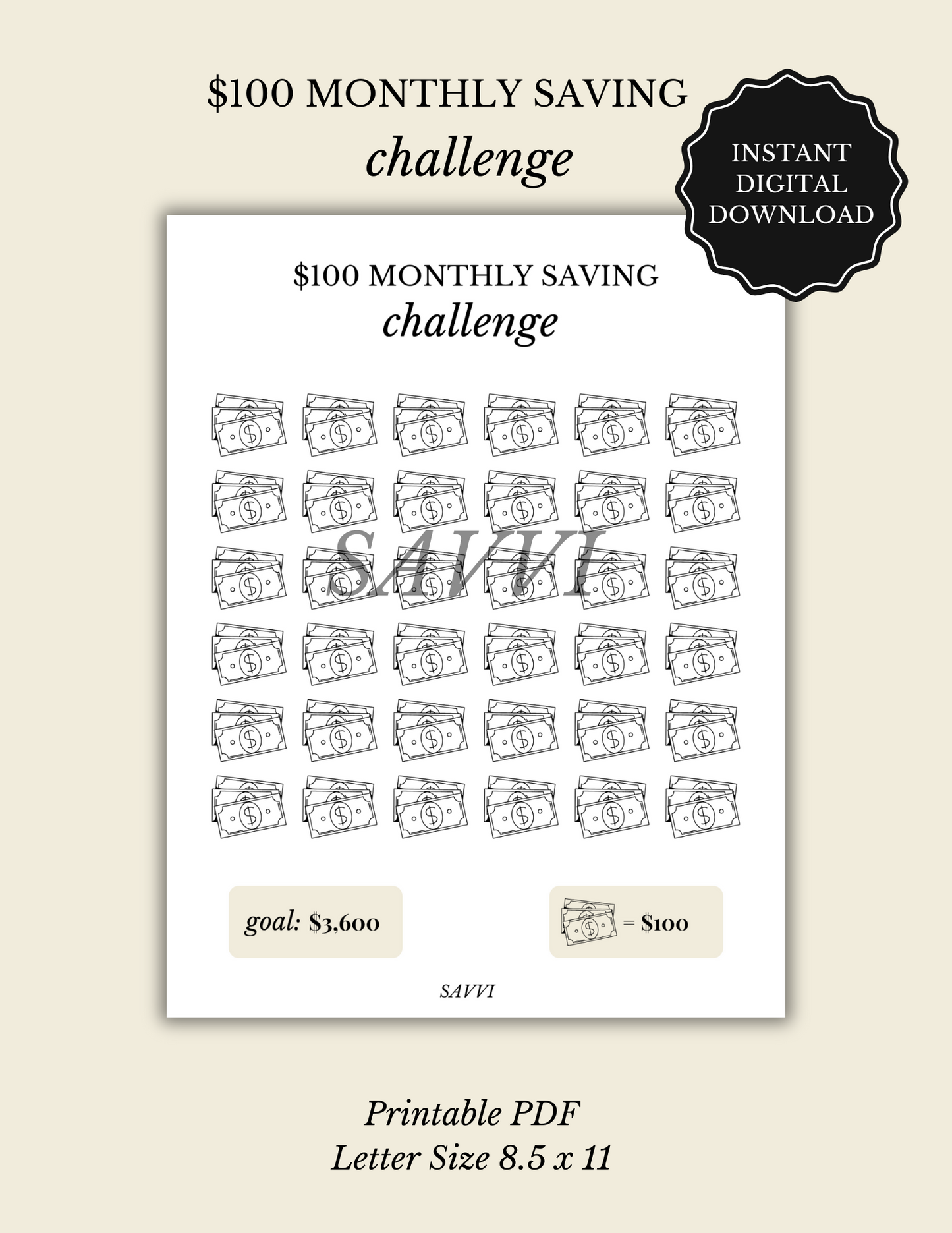 $100 Savings Tracker – Printable Download Format: PDF | Instant Download | US Letter Size