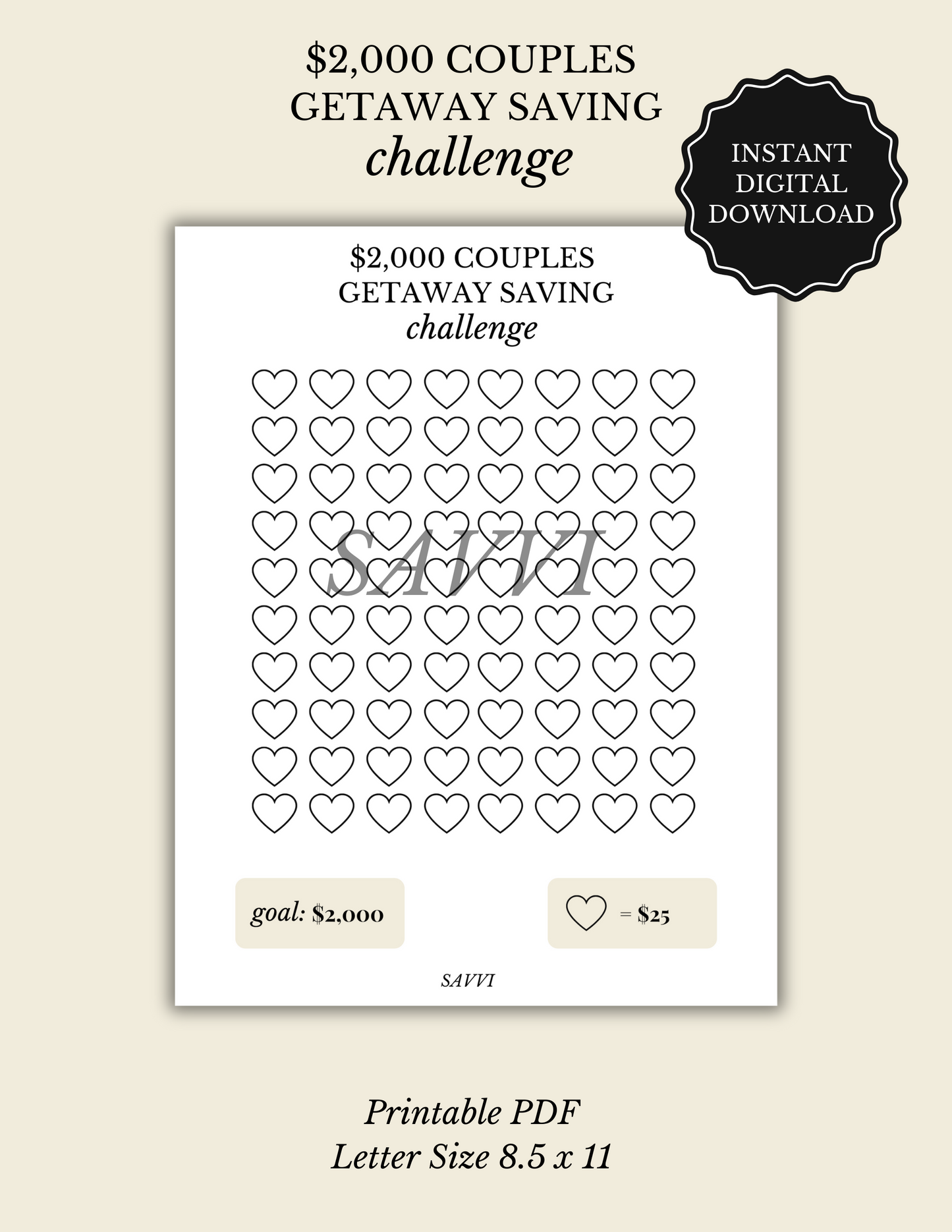 $2,000 Couples Getaway Saving Challenge | Printable Instant PDF Download