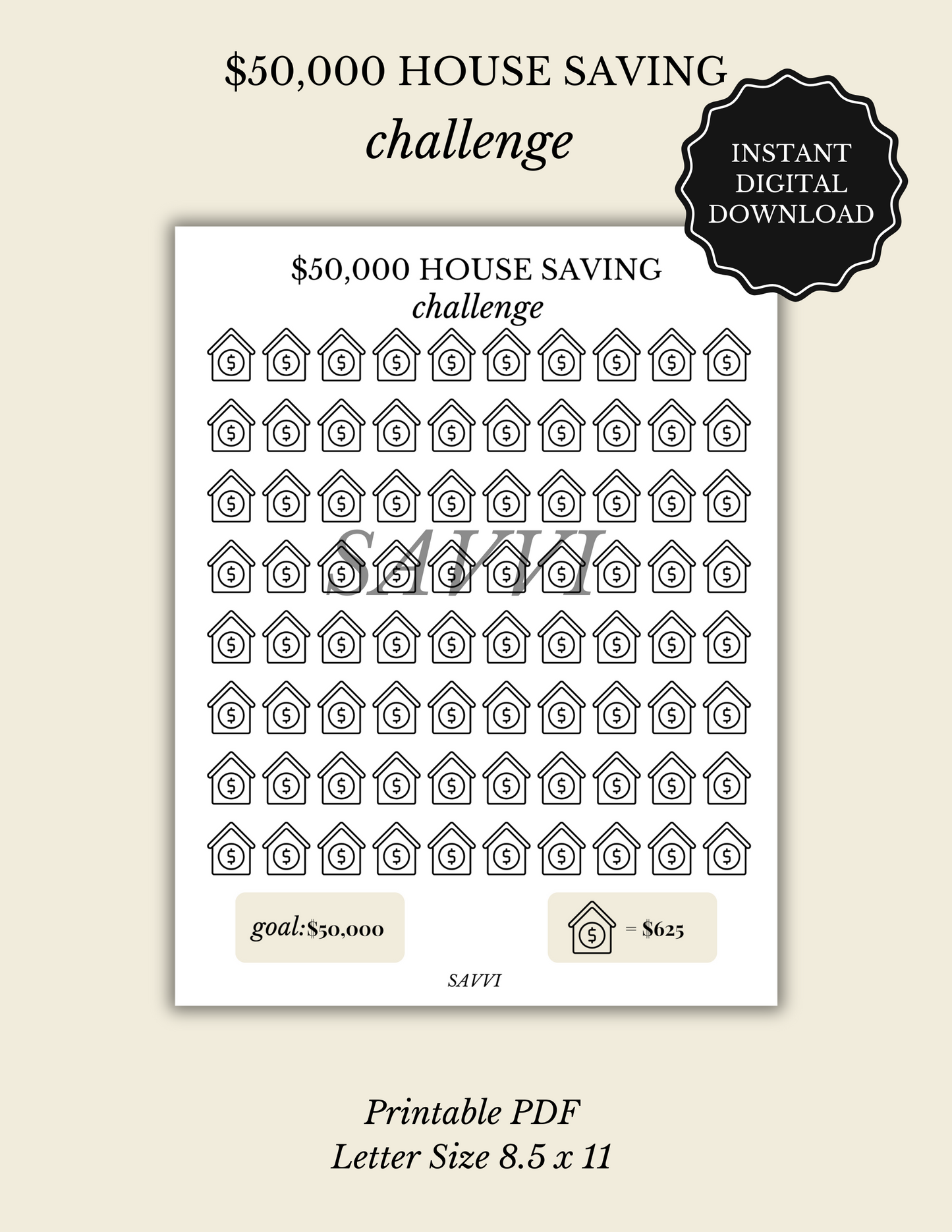 $50,000 House Saving Challenge Printable Instant PDF Download