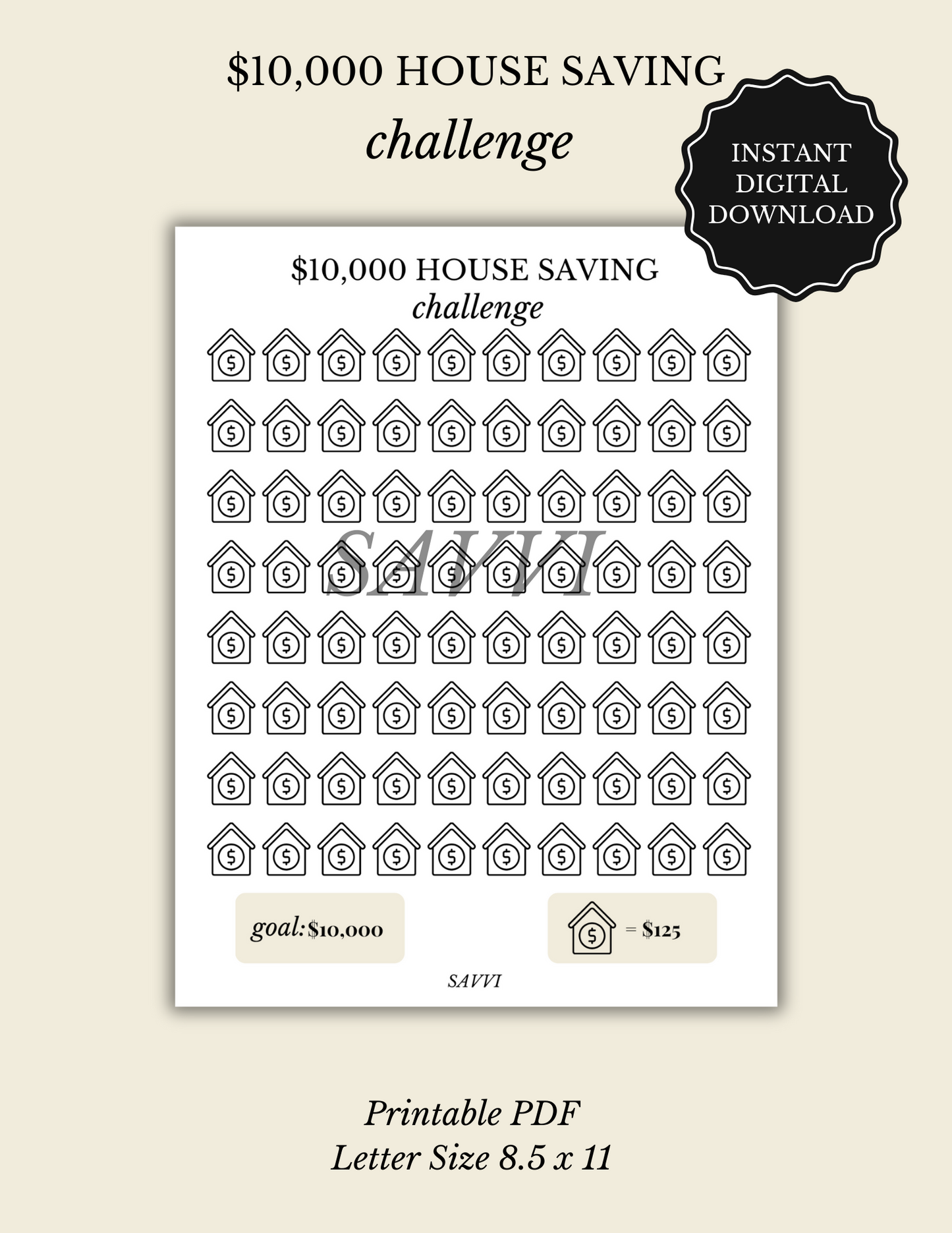 $10,000 House Saving Challenge Printable Instant PDF Download