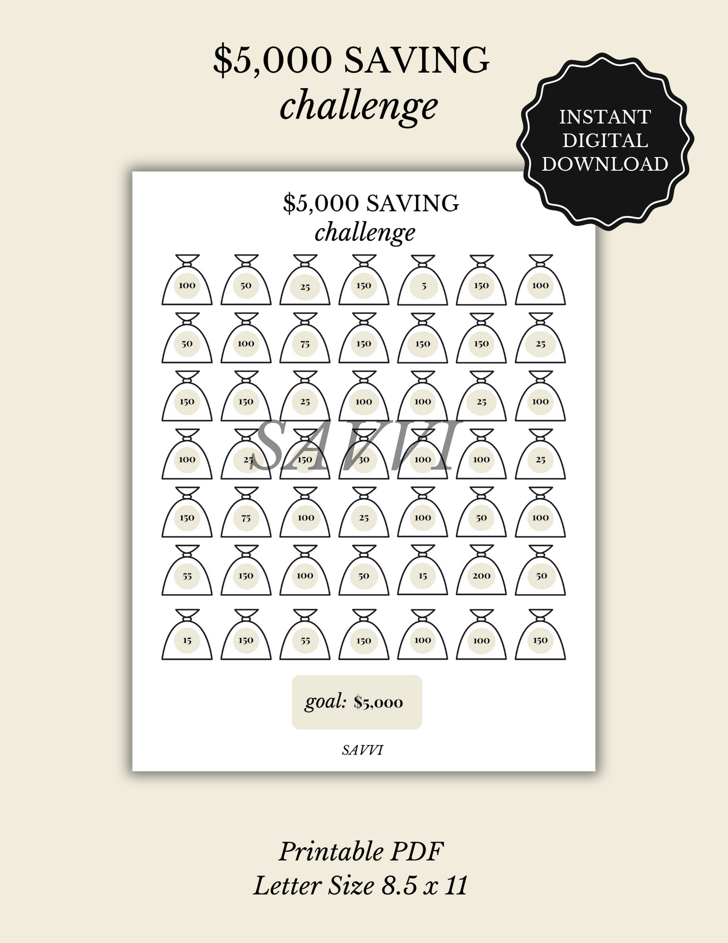 $5,000 Saving Challenge | PDF Instant Digital Download
