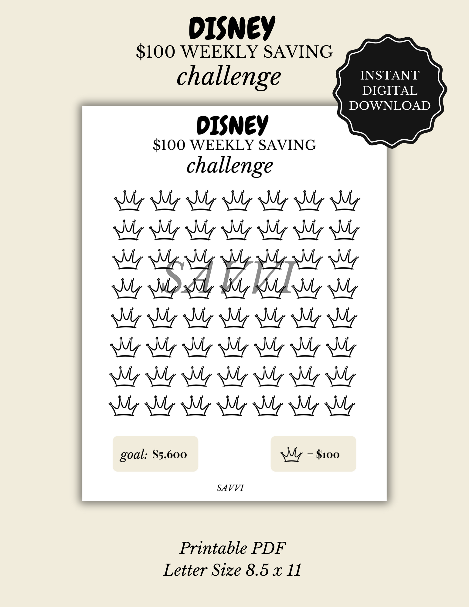 DISNEY $100 Weekly Savings Challenge Tracker – Printable Download Format: PDF | Instant Download | US Letter Size
