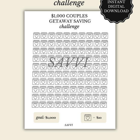 $1,000 Couples Getaway Saving Challenge | Printable Instant PDF Download