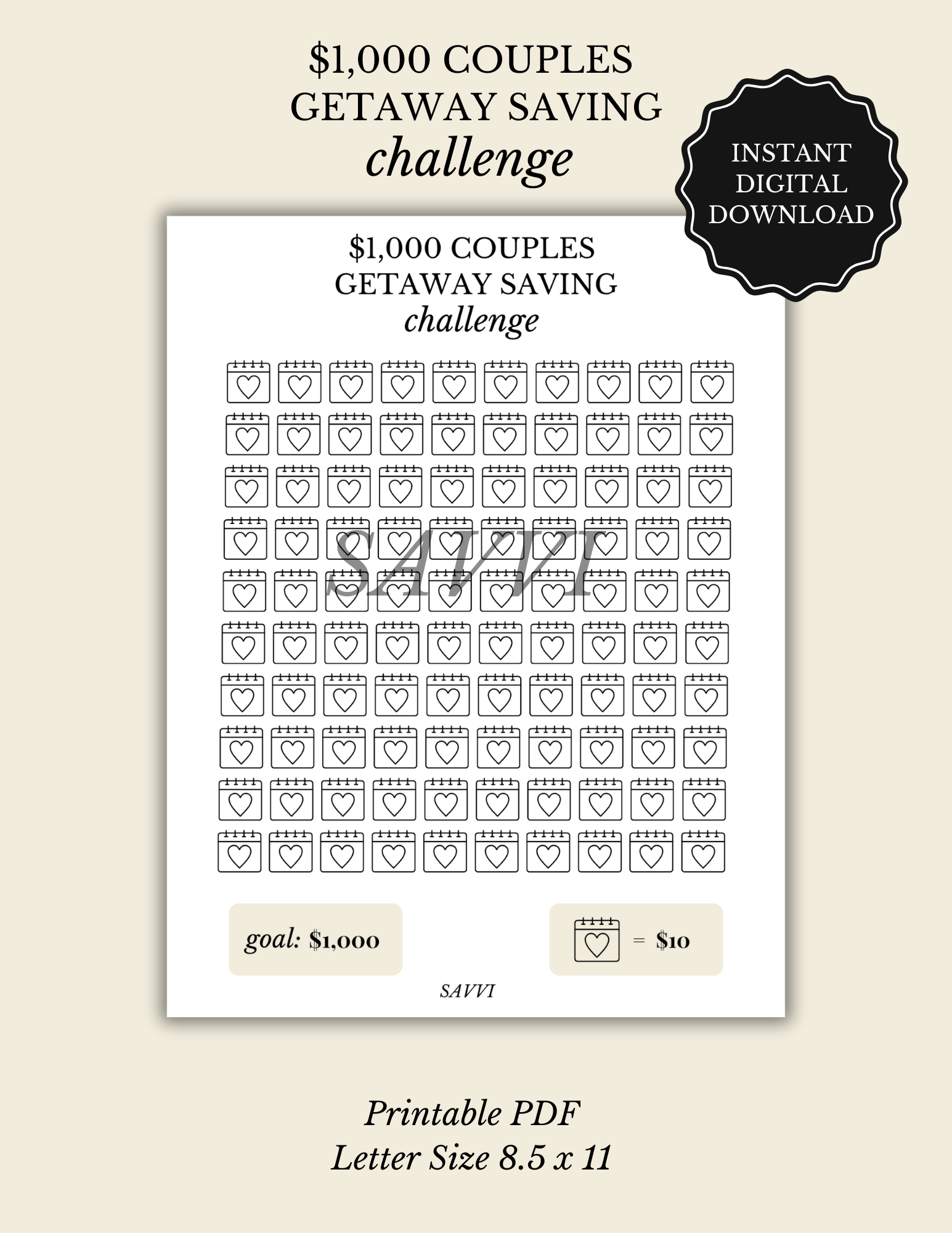 $1,000 Couples Getaway Saving Challenge | Printable Instant PDF Download